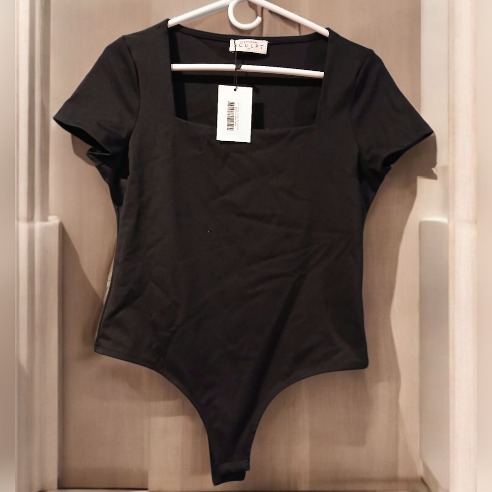 New Sculpt Short Black Square Neck Stretch Bodysuit Shirt Womans Large Petite